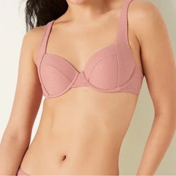 NWT Pink Victorias Secret Medium Pink Ribbed Push Up Bikini Swim Top Underwire M - Picture 1 of 7
